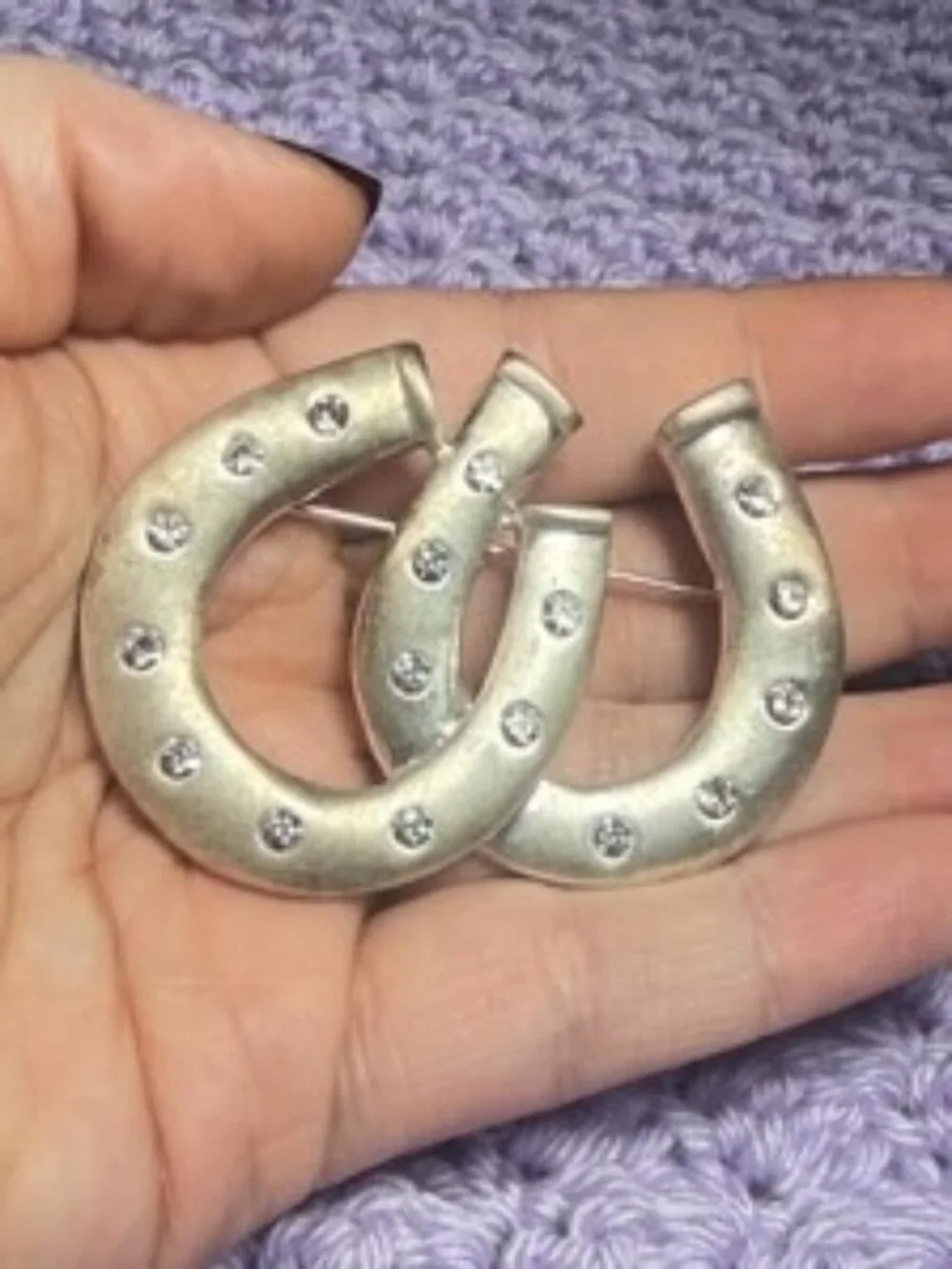 Double Horseshoe Vintage Brooch Clear Rhinestones Good Luck Pin
